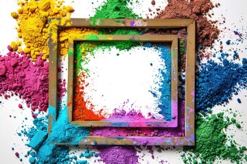 Wall Mural - Picture frame surrounded by colored powder, perfect for creative projects