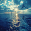 Farm of wind turbines offshore, alternative and clean energy in a beautiful sunny day on the sea