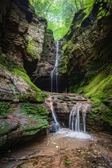 Poster - A scenic waterfall cascading through a moss-covered canyon. Ideal for nature and travel concepts