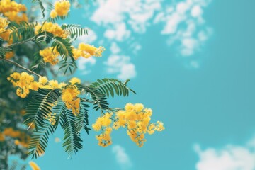 Canvas Print - Tree with yellow flowers under blue sky, ideal for nature backgrounds