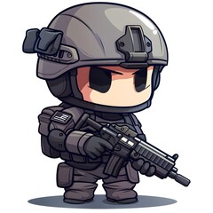 Wall Mural - The cute soldier It is wearing tactical gear including a helmet with goggles and ear protection or communication devices attached and hold guns