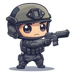 Canvas Print - The cute soldier It is wearing tactical gear including a helmet with goggles and ear protection or communication devices attached and hold guns