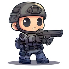 Canvas Print - The cute soldier It is wearing tactical gear including a helmet with goggles and ear protection or communication devices attached and hold guns