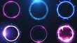 Modern realistic set of blue and purple shiny rings and swirls, round frames of flare trail with glitter dust isolated on transparent background.
