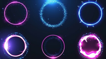 Wall Mural - Modern realistic set of blue and purple shiny rings and swirls, round frames of flare trail with glitter dust isolated on transparent background.