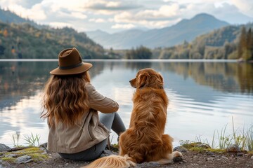 A woman and her dog are sitting by a lake, enjoying the view. The woman is wearing a brown hat and a brown jacket, while the dog is a golden retriever. The scene is peaceful and relaxing