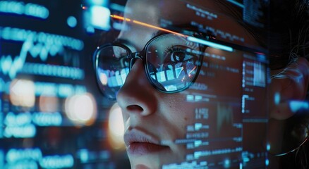 Wall Mural - A woman is looking at a computer screen with a blue background. The woman is wearing glasses and she is focused on the screen. Concept of technology and modernity