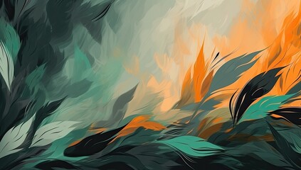 Wall Mural - a painting with a blue and green swirl with orange splatters. the painting has a lot of movement and