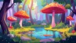 Fairy tale game background on alien magic woods with a forest swamp and mushroom. Modern cartoon illustration of fantastic tree in pond.