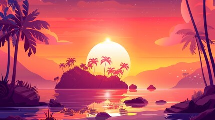 Wall Mural - Tropical island sunrise, orange pink heaven with sun rising over water, palm trees, rocks around. Nature scenery with shining Sol above water. Cartoon modern background.