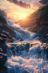 Wall Mural - A waterfall with a sun shining on it. The sun is in the sky and the water is flowing down the rocks