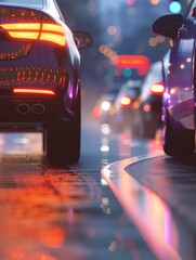 Wall Mural - A car is driving down a wet road with a red sign in the background. The scene is blurry and the cars are moving in different directions