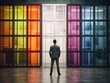 A man stands in front of a row of colorful doors, looking at them with a thoughtful expression. The doors are of different colors, and the man seems to be contemplating which one to choose