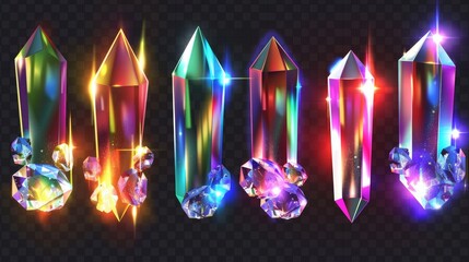 Wall Mural - An isolated set of bright reflection flare and sparkling glare from diamonds on a transparent background, in the form of Crystal rainbow lights.