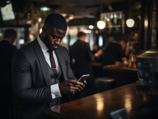 Wall Mural - A man in a suit is looking at his cell phone at a bar. The bar is dimly lit and has a few other people sitting at tables. The man is focused on his phone