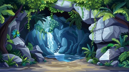 Wall Mural - Forest jungle cave with water in rock