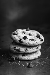 Poster - A stack of chocolate chip cookies on a table. The cookies are piled on top of each other and there is a pile of chocolate chips on the table