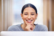 © peopleimages.com - Smile, thinking and business woman reading email, news or planning future decision on laptop in startup office. Computer, idea and creative inspiration, dream and web designer problem solving closeup