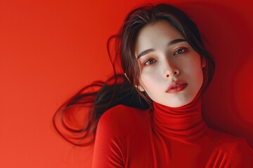 Wall Mural - A woman in a red top is looking at the camera. The red background and the woman's red top create a bold and confident mood