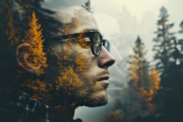 A man with glasses is looking at the camera in a forest. The image has a dreamy, surreal quality to it, as if the man is looking through a window into a different world