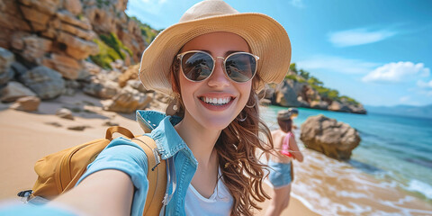 Handsome woman wearing hat and sunglasses taking selfie picture on summer vacation day - Happy hiker with backpack smiling at camera outside - Tourist walking on the beach - Traveling and technology