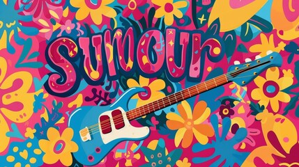 Wall Mural - The modern picture shows a peace music banner with a hippie sign and a guitar in the style of the 1960s and 1970s Woodstock festival. It includes a cartoon psychedelic pattern with a flower and a