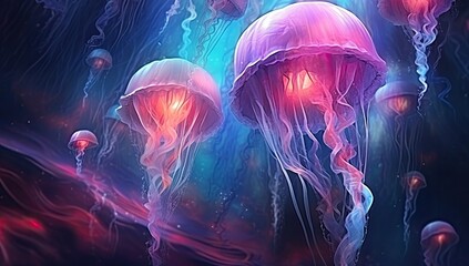 Wall Mural - A group of jellyfish are floating in the ocean