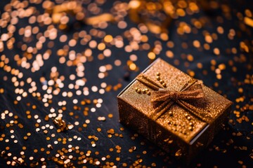 Wall Mural - A gold box with a bow on top sits on a table covered in glitter. The glitter adds a festive and celebratory touch to the scene, suggesting that the box may contain a special gift or surprise