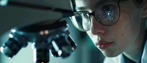 Sticker - A beautiful microbiologist wearing glasses looks at a sample under a microscope. Brilliant scientist, doctor, using high-tech equipment. Close-up.