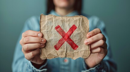 Closeup of woman's hands holding crumpled paper with red X mark on it, green background, rejection concept