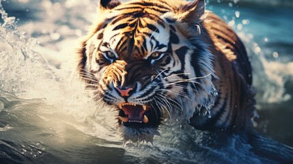 Wall Mural - a tiger is swimming in the ocean with its mouth open and teeth bared. the tiger appears to be angry 