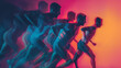 An illustration of runners in motion, depicted with a gradient from blue to orange, emphasizing speed and the energy of competitive sports