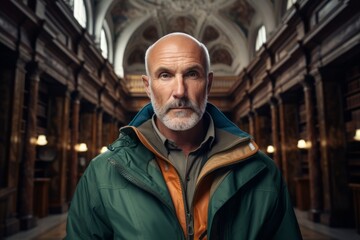 Wall Mural - Portrait of a merry man in his 50s wearing a functional windbreaker in classic library interior