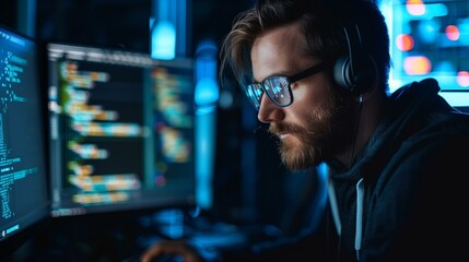 Hacker wearing glasses headphones sitting computer green screen code typing keyboard, concept cross-site scripting, cyber security