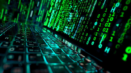 Laptop keyboard green binary code representing cross-site scripting cyber security