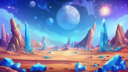 Sticker - An alien planet in space with two suns on the sky, a fantasy cosmic land with rocks, blue crystals, and two suns on the sky. A cartoon separate layer background for a computer game.