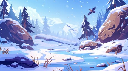 Wall Mural - The ice is covering the surface of a frozen pond or lake. Winter landscape with fir trees, rocks, and gulls in a blue sky. Water is covered in slippery ice. Cartoon modern illustration.