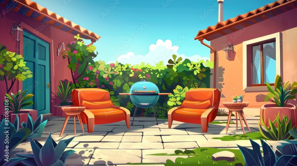 Patio background with parallax effects, village cottage house courtyard ...