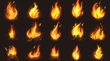 Wall Mural - Yellow and orange flames on black background in a collection of burning fires. Modern cartoon set of bonfires, torches and candles. Animation sprite sheet with flame.