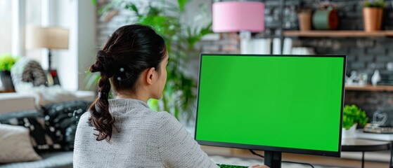 Poster - In a living room, a Latina Female Specialist sits at a table and works on her desktop computer with a green screen mock-up display. Freelancer Female Chats Over the Internet on Social Networks.