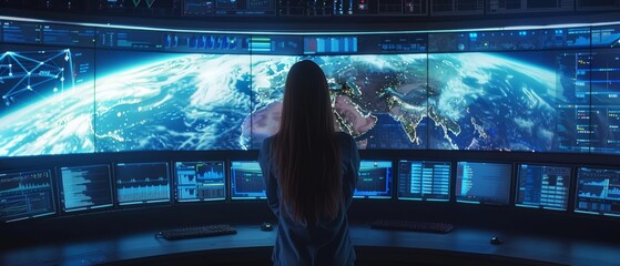 Wall Mural - Developing a global map with data points on a large screen in a technology company's room where servers are in control and monitoring. A young female computer science engineer looks at the big screen