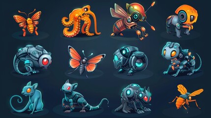 Wall Mural - Cartoon modern set of futuristic robot pets, metal animals and insects cyborgs, cute electronic machines with octopus, snake, rat, butterfly and wasp robots.