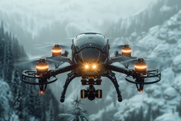 A drone is flying over a snowy forest, capturing the natural landscape