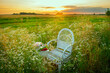 vintage white armchair and table with a cup of tea in a field at sunset.