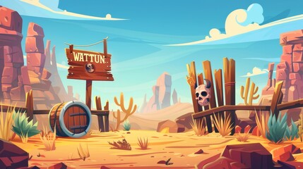 The scene depicts a wanted sign and a wooden barrel with an eye inside in the wild west desert area with a ranch fence. The board has a skull with an animal on it and a hidden character. Modern