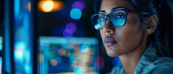 A confident Indian IT programmer works on a desktop computer. In this image, a female specialist wearing glasses creates innovative software. A professional engineer creates an app using innovative