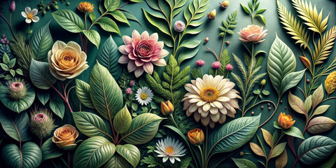 Wall Mural -  vibrant garden scene with a variety of colorful flowers and green leaves