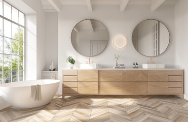 A modern bathroom with herringbone wood flooring, white walls and ceiling, two circular mirrors on the wall above an elegant double vanity, and wooden cabinets under it