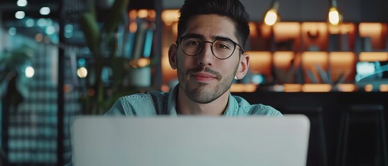 Wall Mural - Digital Entrepreneur Working on e-Commerce Startup Project: Portrait of Hispanic Entrepreneur Working on Laptop, Doing Data Analysis, Looking at Camera, Smiling as he Smiles.