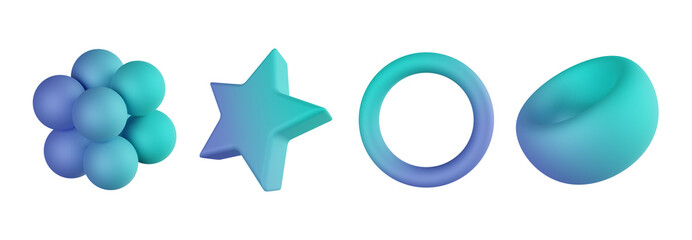 3d spheres, star prism, torus. Geometric shapes 3d set. Transparent background